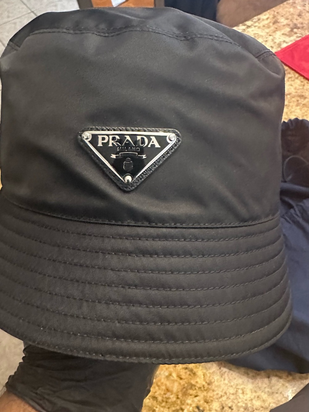 Prada Black Logo Triangle Bucket Hat
